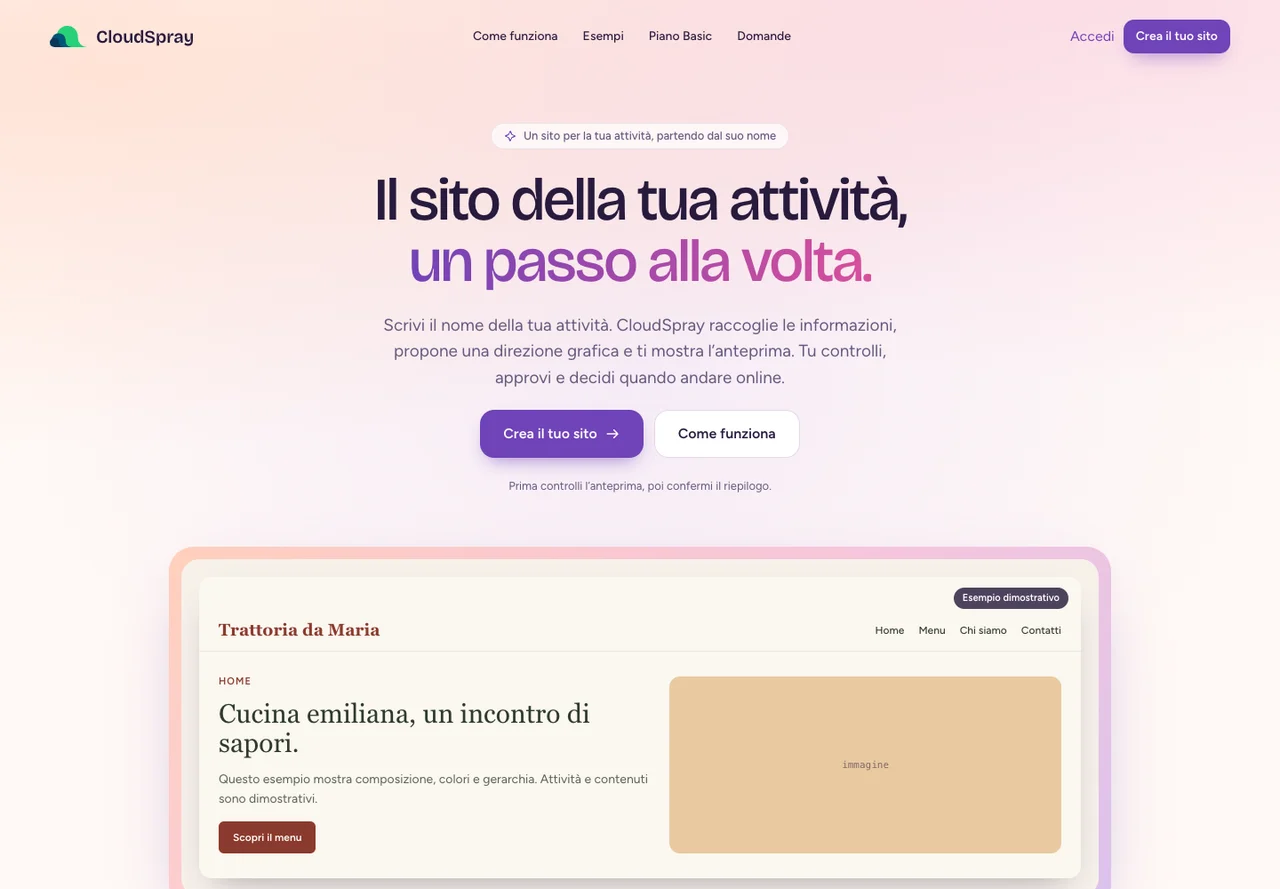 Homepage pubblica di CloudSpray: siti internet su misura con AI e CMS dedicato
